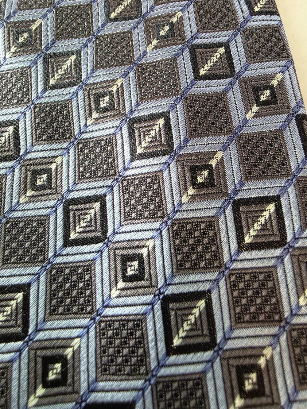 Vintage Pavone Men's Silk Necktie Geometric Squares Silver Blue Black Tie Italy